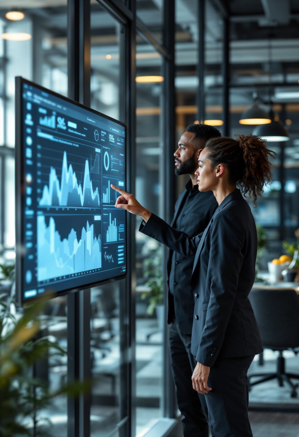 Two analysts reviewing data on wall-mounted displays